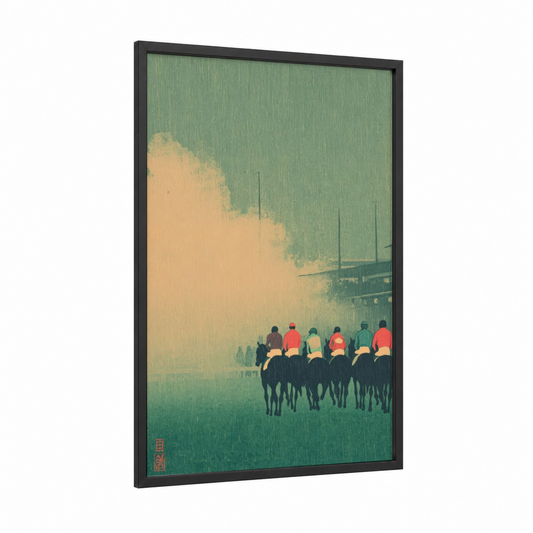 Misty Race Day framed horse racing print — black wood frame — light green and cream palette