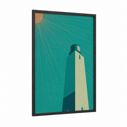 Coastal Lighthouse framed art print — black wood frame — turquoise and cream palette