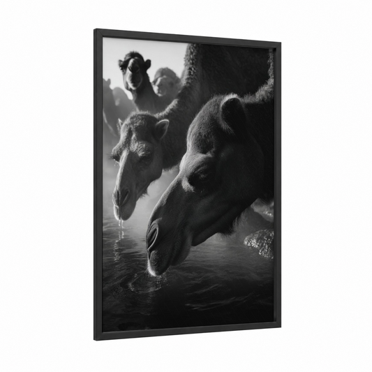 Desert Watering Camels framed art print — black wood frame — black and white and gray palette