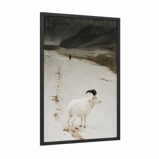 Snowy Antelope framed art print — black wood frame — white and gray palette