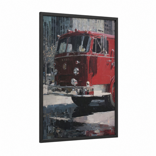 Urban Fire Engine framed art print — black wood frame — red and gray palette