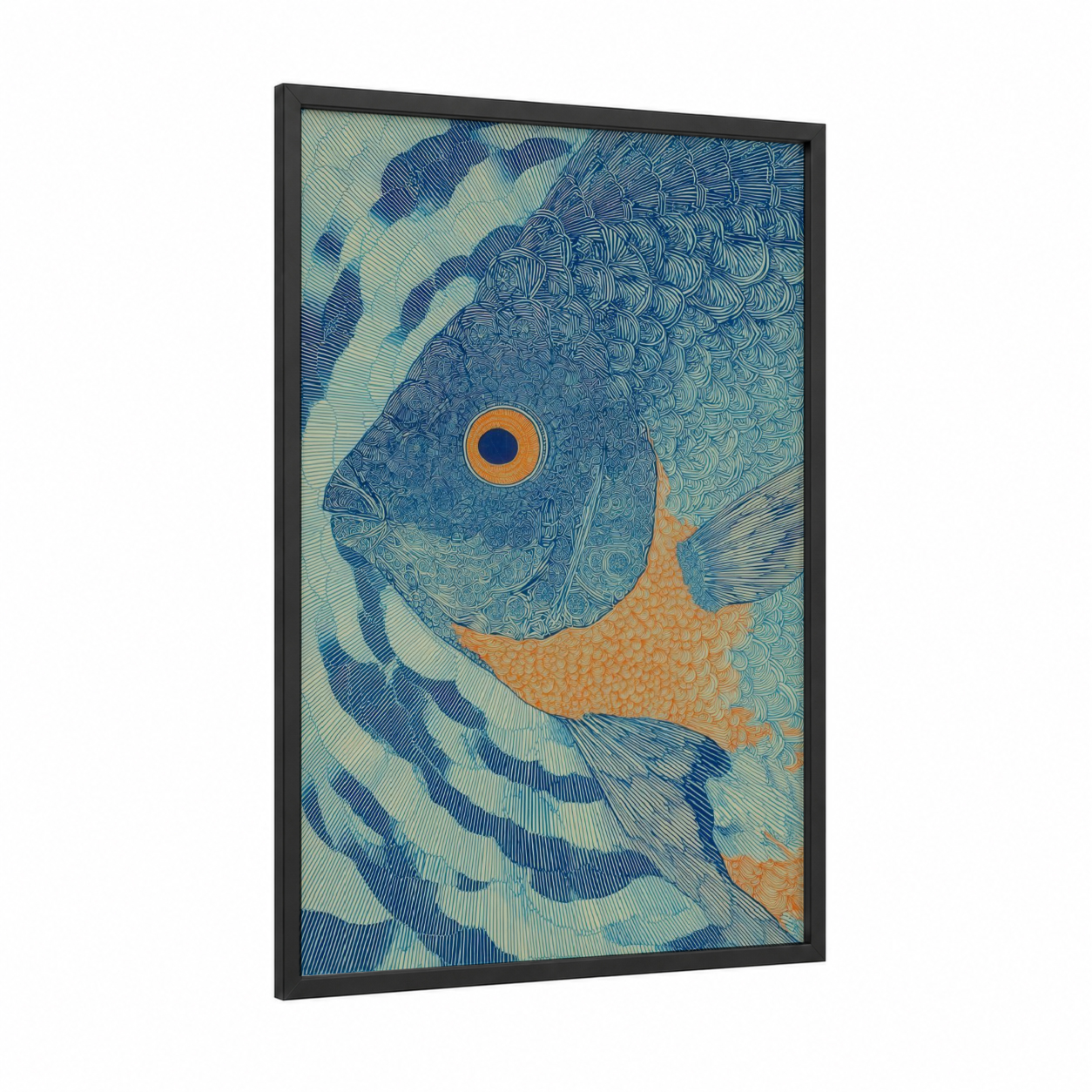 Golden Discus Fish framed art print — black wood frame — blue and gold and teal palette