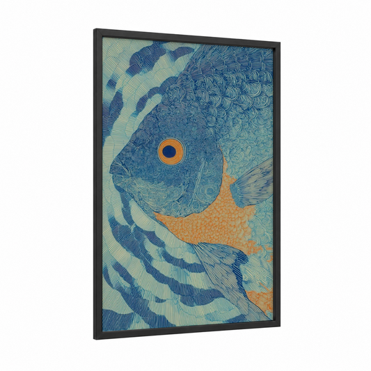 Golden Discus Fish framed art print — black wood frame — blue and gold and teal palette