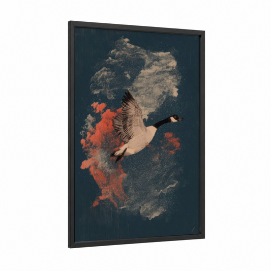 Celestial Goose framed geese print — black wood frame — dark blue and gold palette
