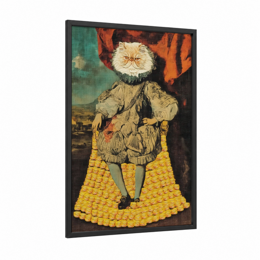 Regal Cat Portrait framed art print — black wood frame — gold and teal palette