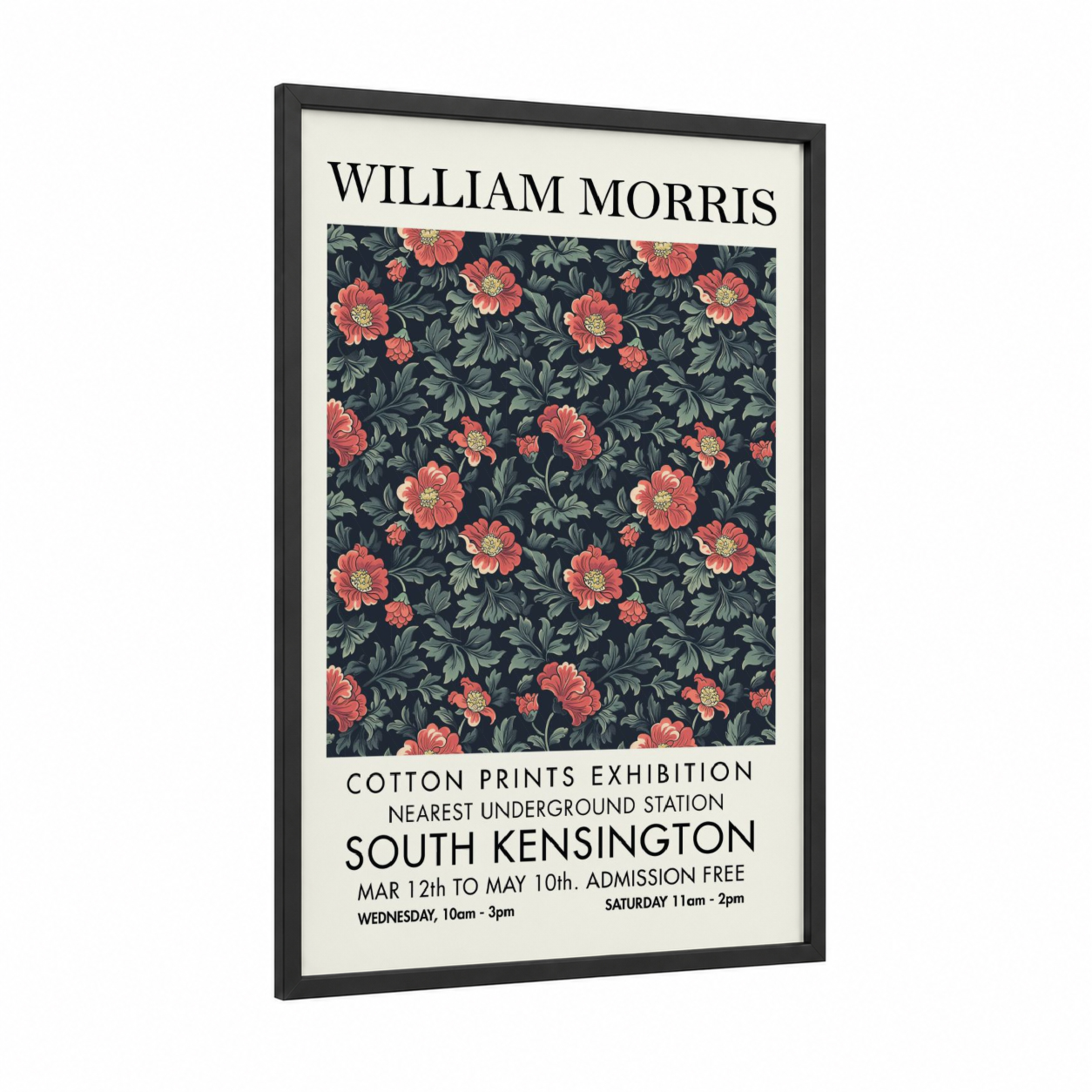 Coral Peony Garden framed abstract flower print — black wood frame — red and dark green palette