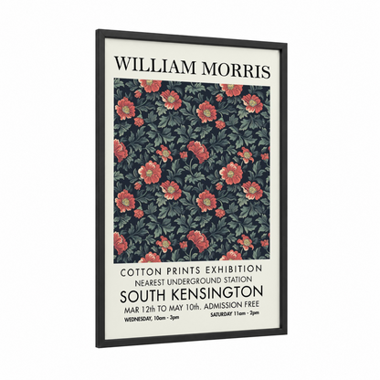 Coral Peony Garden framed abstract flower print — black wood frame — red and dark green palette