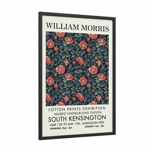 Coral Peony Garden framed abstract flower print — black wood frame — red and dark green palette