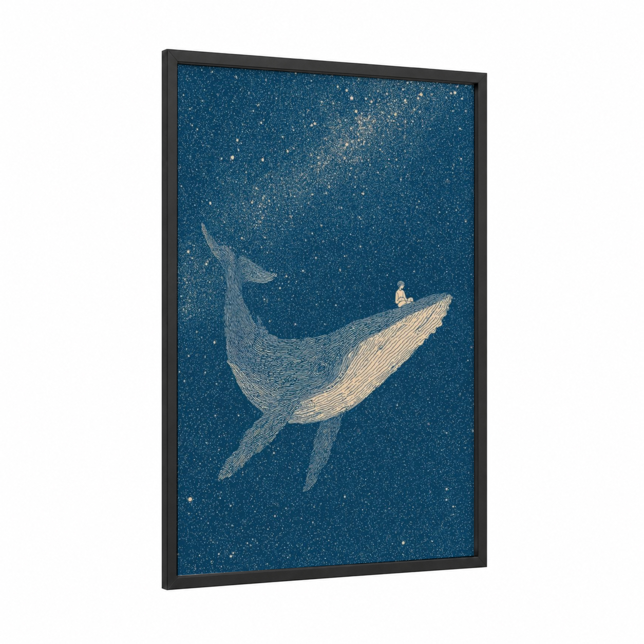 Starry Whale Dreamer framed art for boy print — black wood frame — dark blue and gold and white palette