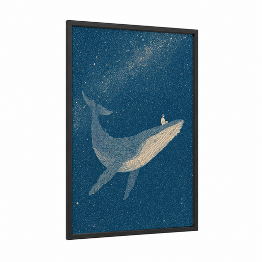 Starry Whale Dreamer framed art for boy print — black wood frame — dark blue and gold and white palette