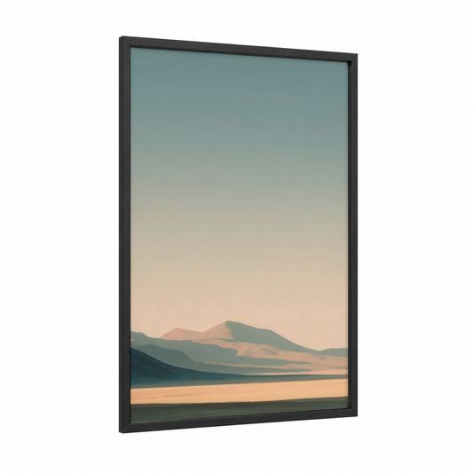 Serene Dune framed art print — black wood frame — peach and sage green palette
