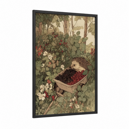 Berry Harvester Hedgehog framed art print — black wood frame — sage green and cream palette