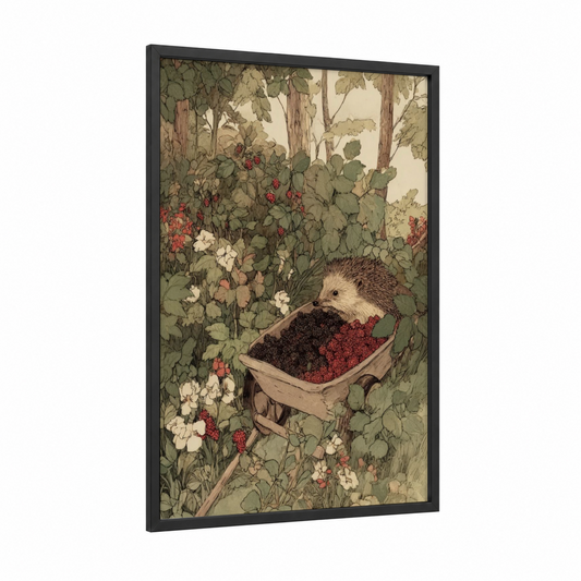 Berry Harvester Hedgehog framed art print — black wood frame — sage green and cream palette