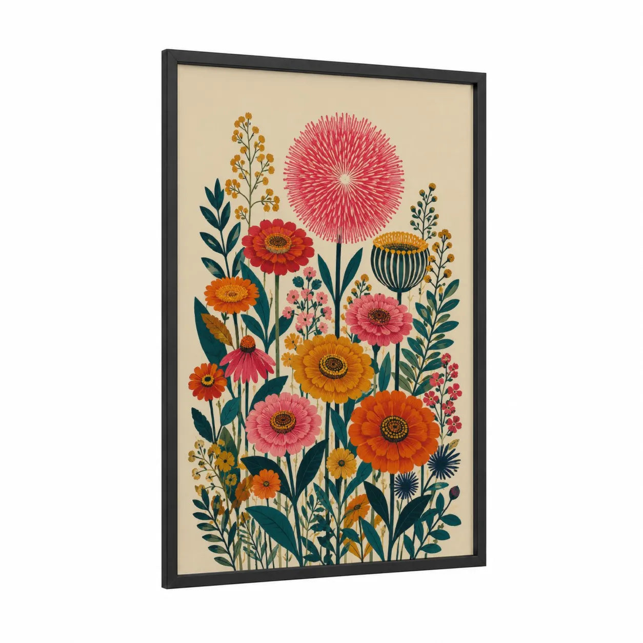 Vintage Wildflower Garden Wall Art framed art print — black wood frame — orange and pink palette