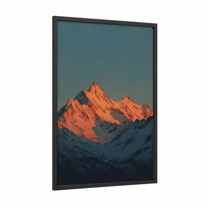 Alpine Alpenglow framed sunset print — black wood frame — orange and blue and white palette