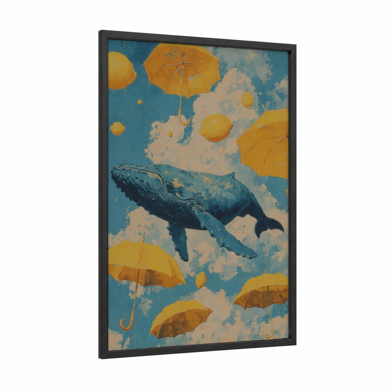 Dreaming Whale framed blue whale print — black wood frame — blue and gold palette