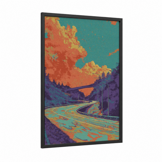 Neon Highway framed road and highways print — black wood frame — orange and teal palette
