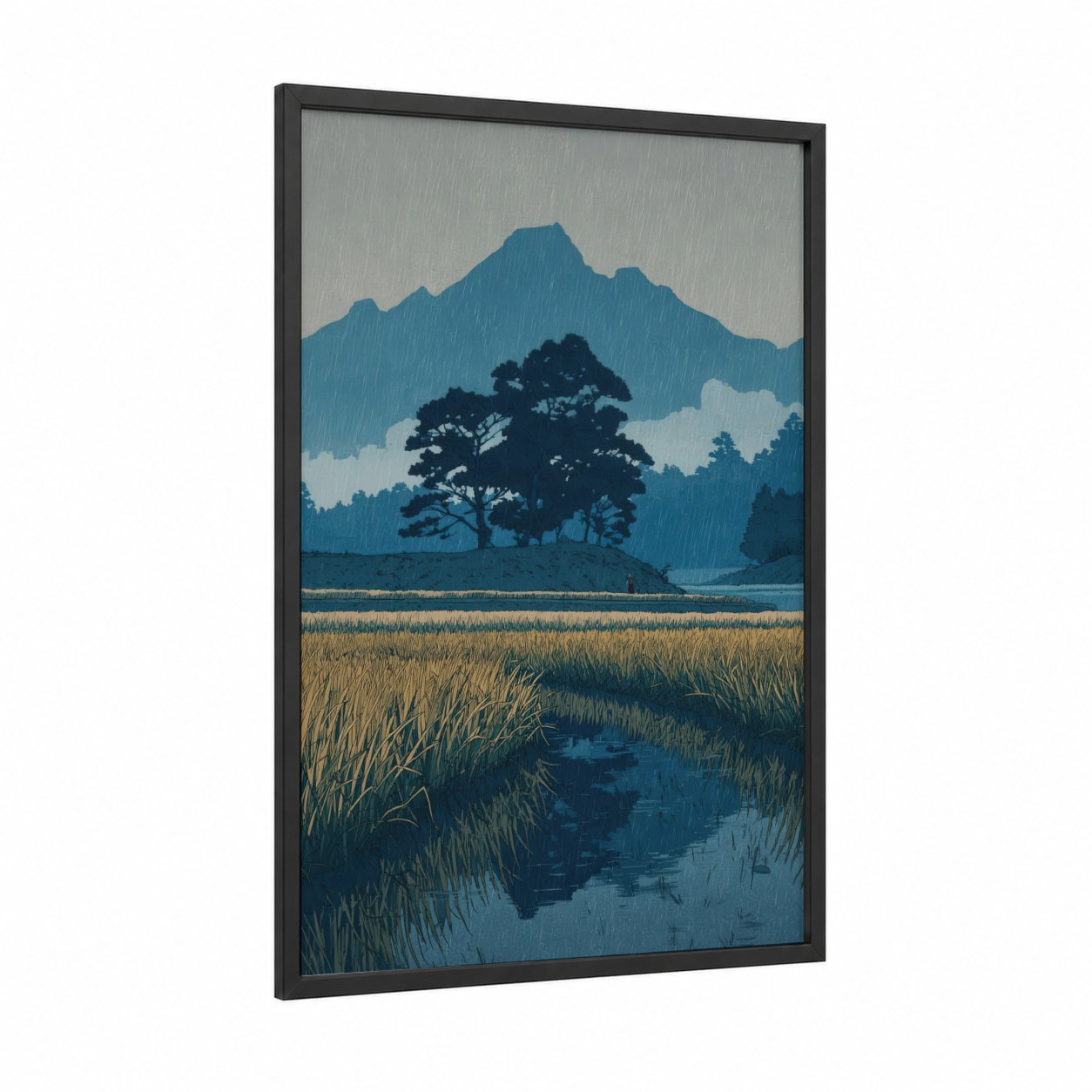 Rainy Grain Field framed art print — black wood frame — dark blue and gold palette