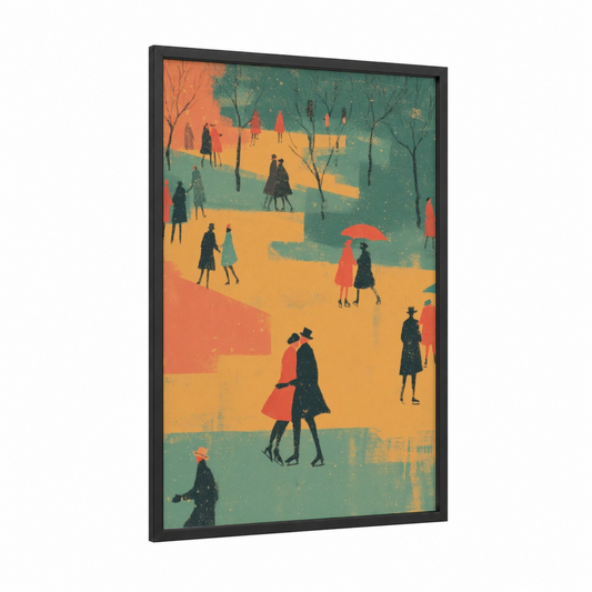 Winter Park Skaters framed ice skating print — black wood frame — orange and teal palette