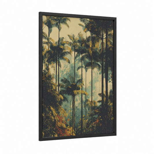 Misty Palm Forest framed art print — black wood frame — gold and sage green palette