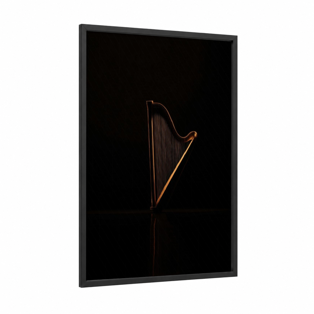 Golden Harp framed art print — black wood frame — gold and black palette