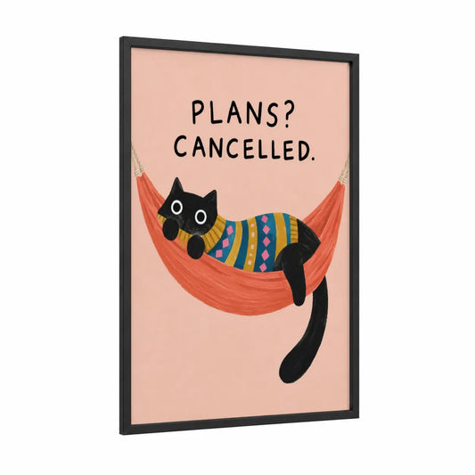 Relaxed Cat in Hammock Wall Art framed art print — black wood frame — peach and black palette