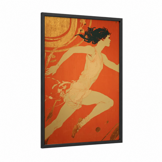 Crimson Athlete framed track and field print — black wood frame — red and gold palette