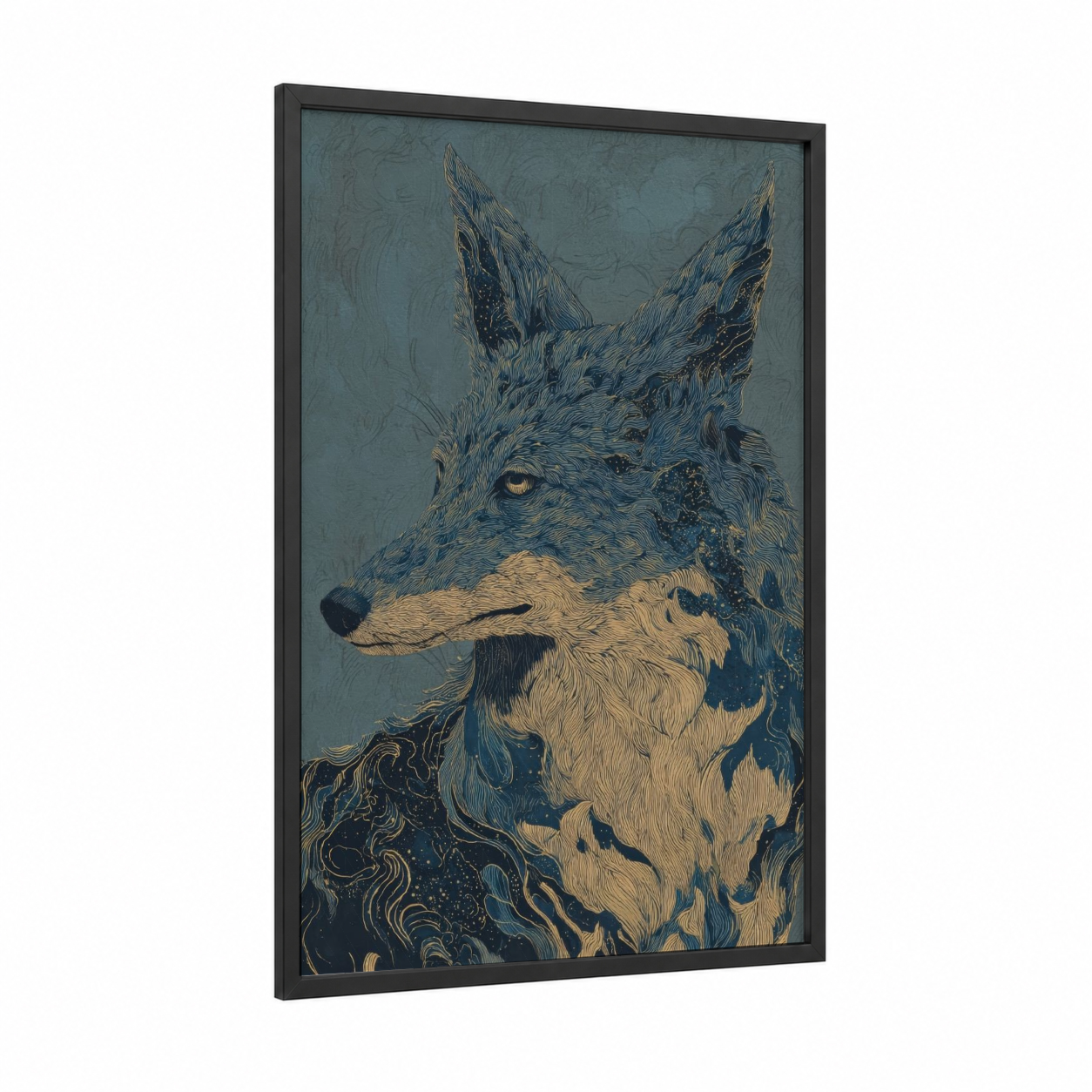 Mystical Coyote framed art print — black wood frame — teal and gold palette