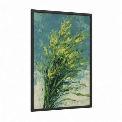Windswept Herbs framed art print — black wood frame — yellow gold and green palette