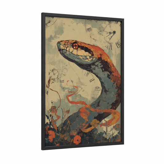 Crimson Viper framed art print — black wood frame — red and gold palette