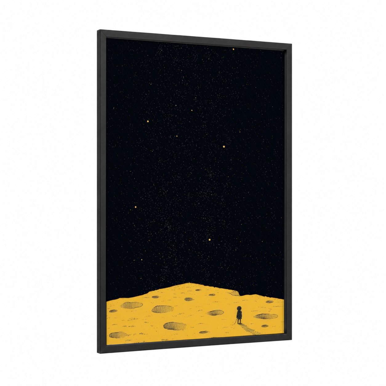 Lunar Explorer framed astroids and comets print — black wood frame — black and yellow gold palette