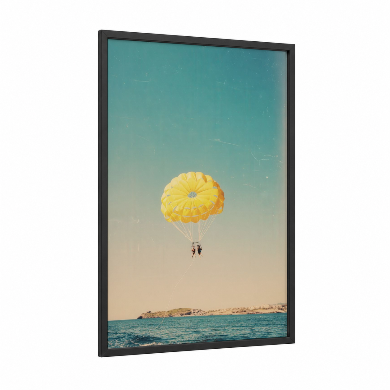 Golden Parasail framed parasailing print — black wood frame — teal and gold palette