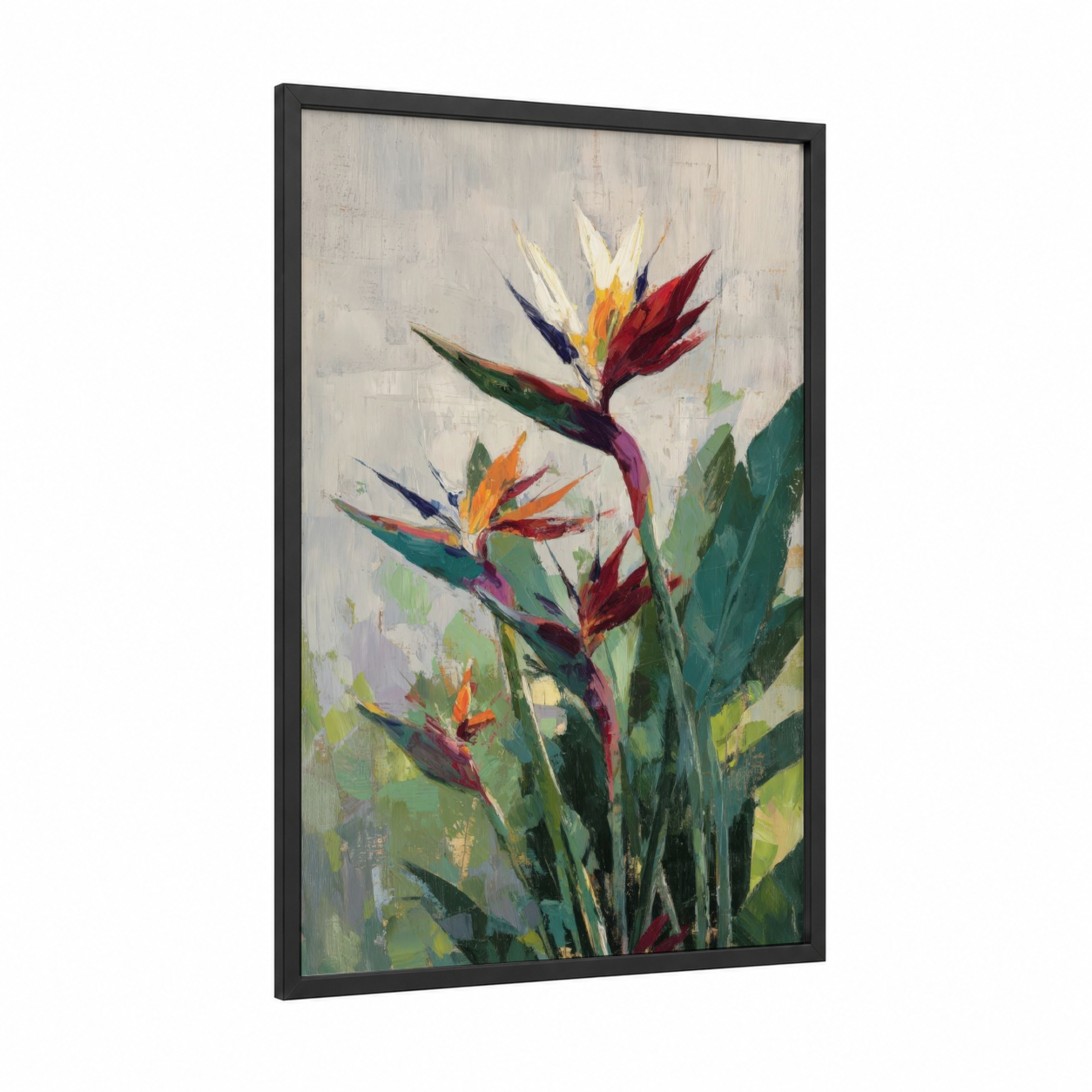 Vibrant Paradise Blooms framed birds of paradise print — black wood frame — red and gold palette