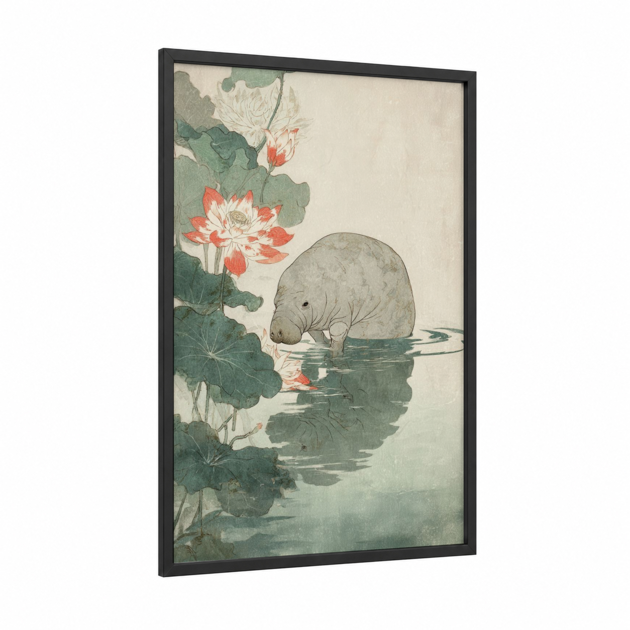 Lotus Manatee framed manatees print — black wood frame — sage green and cream palette