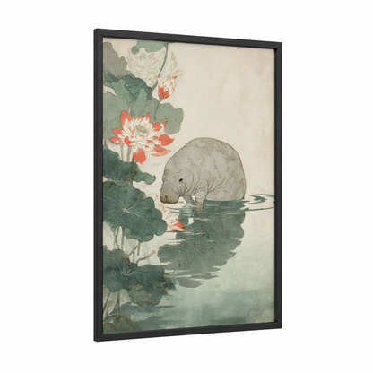 Lotus Manatee framed manatees print — black wood frame — sage green and cream palette