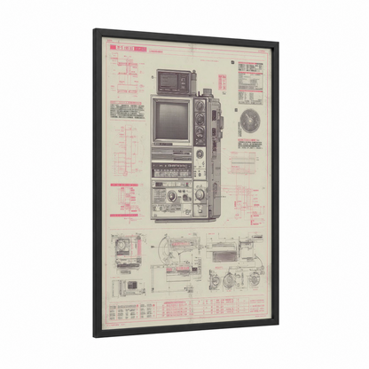 Vintage Japanese Electronics Schematic framed vintage japanese ads print — black wood frame — black and white and rose gold palette
