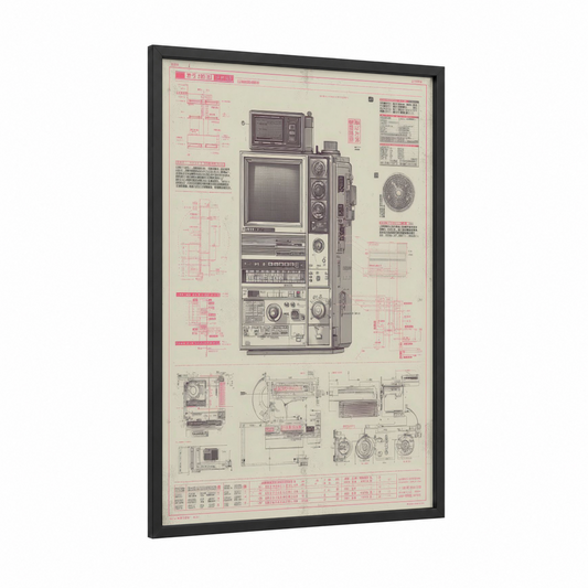 Vintage Japanese Electronics Schematic framed vintage japanese ads print — black wood frame — black and white and rose gold palette