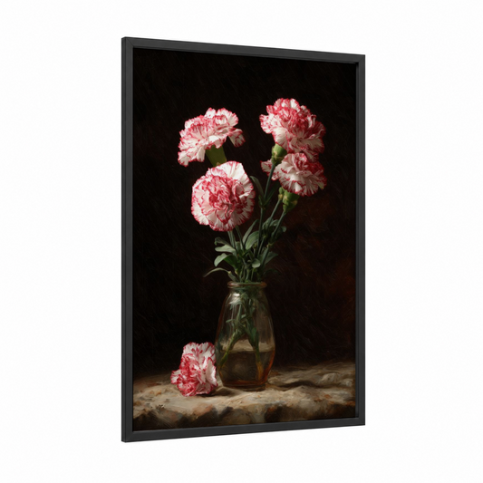 Pink Carnation Arrangement framed carnations print — black wood frame — pink and black palette