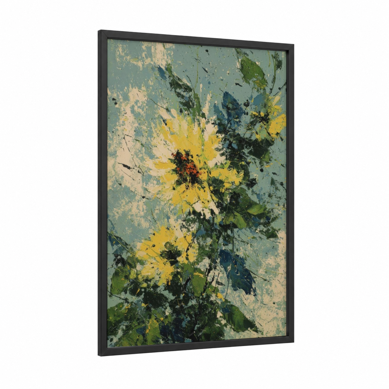 Splatter Sunflower framed art print — black wood frame — yellow and blue palette