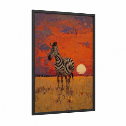 Sunset Zebra framed art print — black wood frame — orange and purple palette