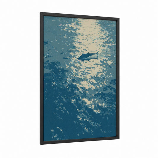 Marlin Ascent framed blue marlin print — black wood frame — teal and cream palette