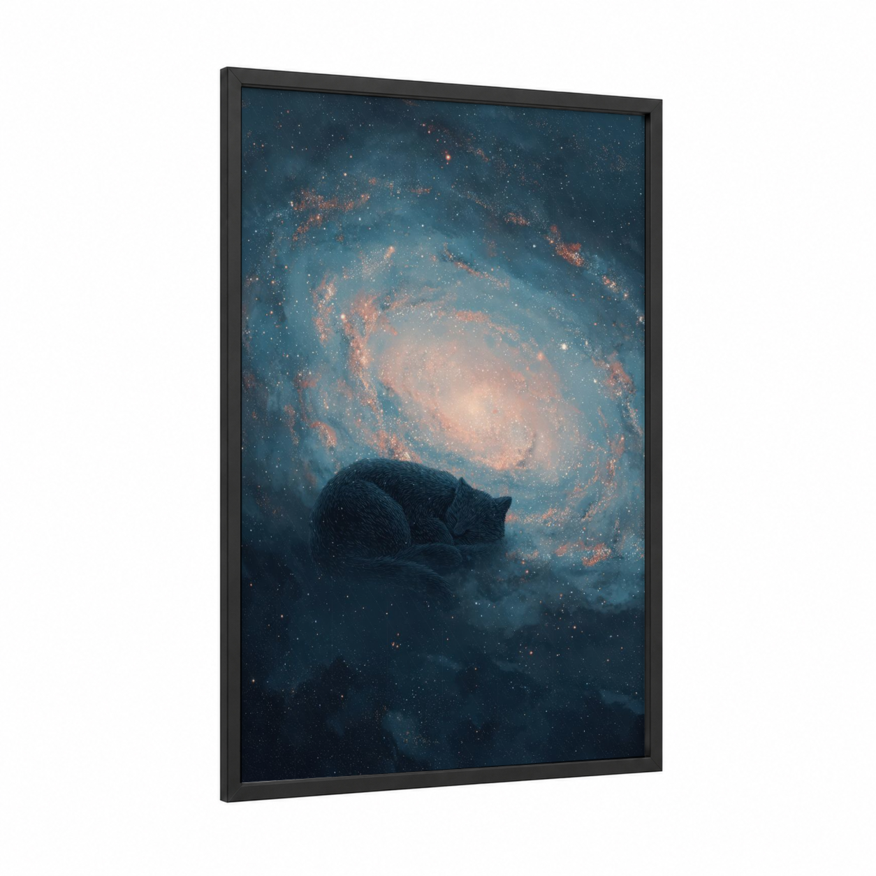 Cosmic Slumber framed galaxy print — black wood frame — dark blue and gold palette