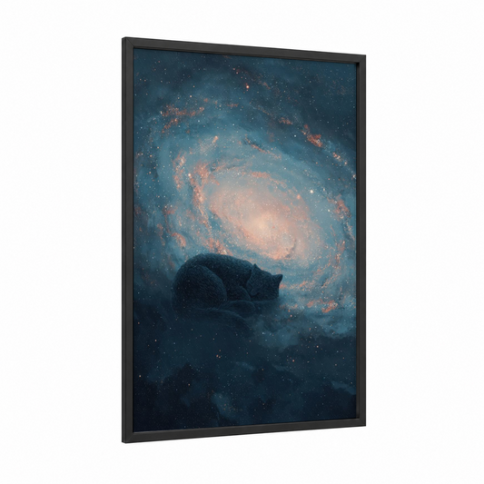 Cosmic Slumber framed galaxy print — black wood frame — dark blue and gold palette