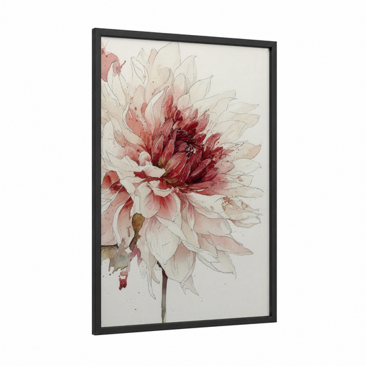 Crimson Dahlia framed art print — black wood frame — pink and cream palette