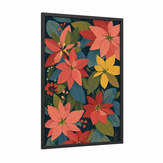 Festive Poinsettias framed art print — black wood frame — red and dark blue palette