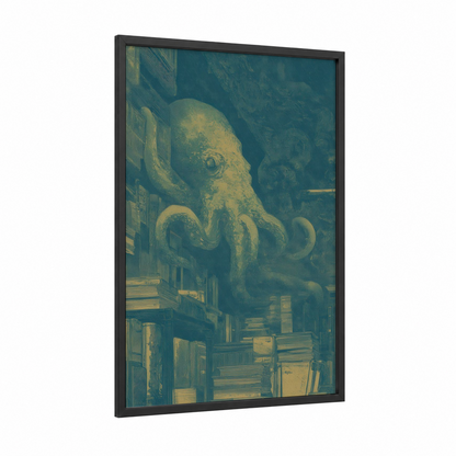 Steampunk Squid framed art print — black wood frame — teal and gold palette