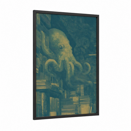 Steampunk Squid framed art print — black wood frame — teal and gold palette
