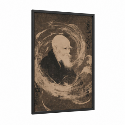 Wise Aikido Master framed art print — black wood frame — black and white and cream palette