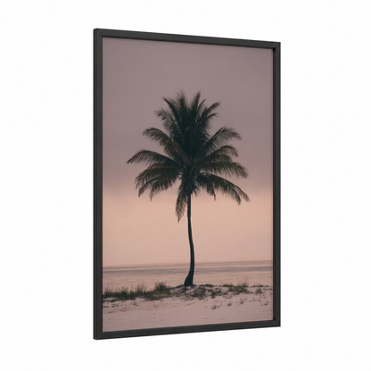 Solitary Palm framed tropical trees print — black wood frame — peach and dove gray palette