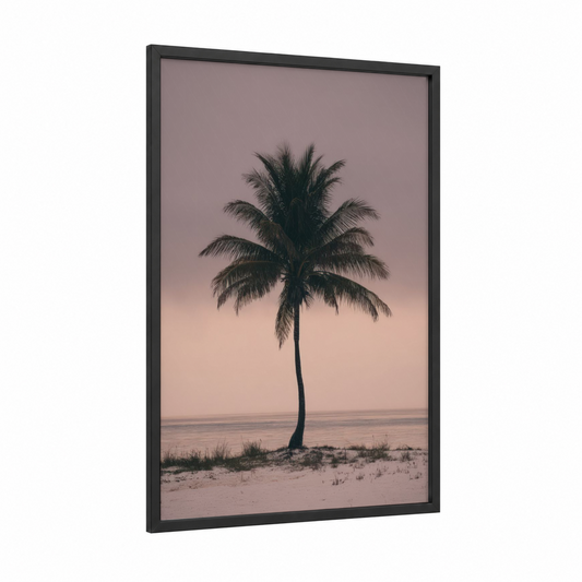 Solitary Palm framed tropical trees print — black wood frame — peach and dove gray palette
